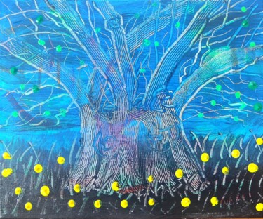 Painting titled "Árbol azul" by Ma Palet, Original Artwork, Acrylic Mounted on Wood Stretcher frame