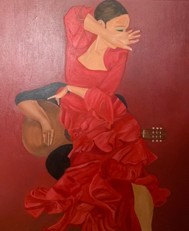 Flamenca bailando en un tablao flamenco Peinture intitulée "Flamenca bailando e…" par Maria Jesús Baz, Œuvre d'art originale, Huile