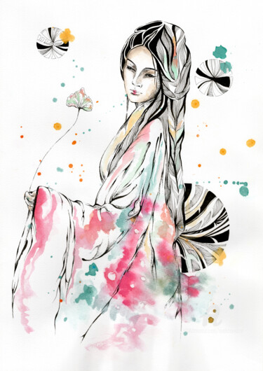 图画 标题为“Geisha” 由Mab Carratier, 原创艺术品, 水彩