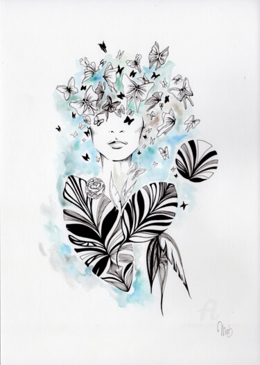 Dessin intitulée "Tête Papillon" par Mab Carratier, Œuvre d'art originale, Aquarelle
