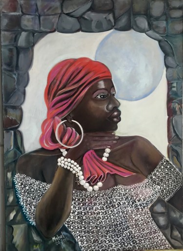 Painting titled "Negra pensando ao l…" by Mabel Maria Dos Viana, Original Artwork, Oil