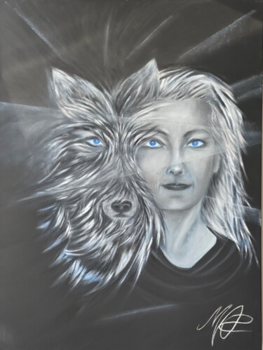 Pintura intitulada "La fille au loup Dé…" por Mac.Cadart, Obras de arte originais, Acrílico Montado em Armação em madeira