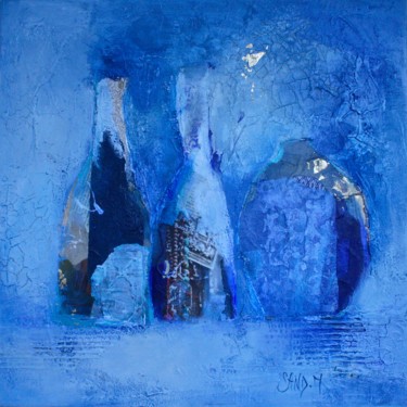 Peinture intitulée "BOUTEILLES BLEUE 50…" par Sandrine Macchieraldo, Œuvre d'art originale