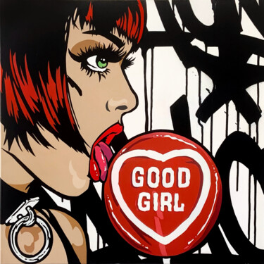 Painting titled "GoodGirl" by Mach-One, Original Artwork, Spray paint Mounted on Wood Stretcher frame