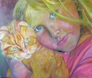 Painting titled "Menina com gato" by Machado Dos Santos, Original Artwork