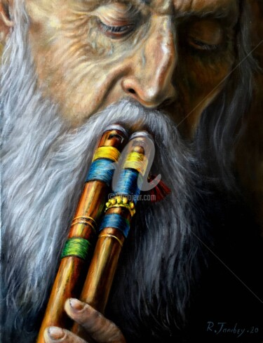 Painting titled "The flute harmony" by Rauf Janibekov, Original Artwork, Oil Mounted on Wood Stretcher frame
