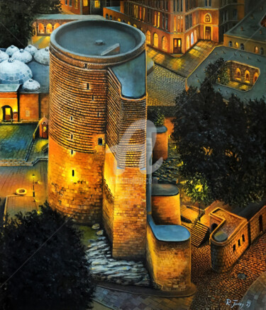 Painting titled "The Maiden Tower" by Rauf Janibekov, Original Artwork, Oil Mounted on Wood Stretcher frame