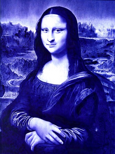 Drawing titled "La Joconde Bleue" by Machété Braid, Original Artwork, Ballpoint pen Mounted on Wood Stretcher frame