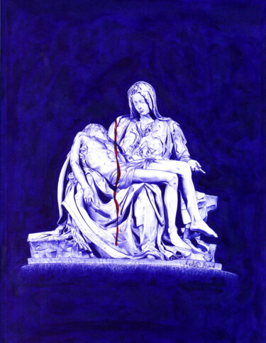 Zeichnungen mit dem Titel "La Pietà Sanguinante" von Machété Braid, Original-Kunstwerk, Kugelschreiber Auf Keilrahmen aus Ho…
