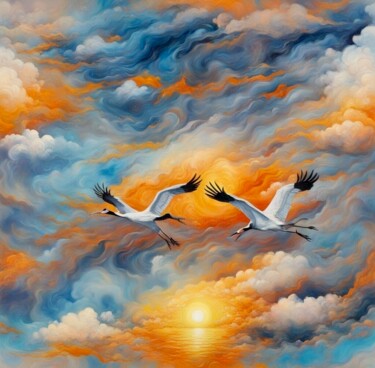 Digitale Kunst mit dem Titel "Cranes sun clouds" von Machnolga, Original-Kunstwerk, KI-generiertes Bild
