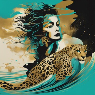Arte digitale intitolato "woman and leopard o…" da Machnolga, Opera d'arte originale, Immagine generata dall'IA