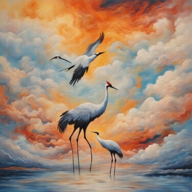 Digital Arts titled "Cranes sun  shining…" by Machnolga, Original Artwork, AI generated image