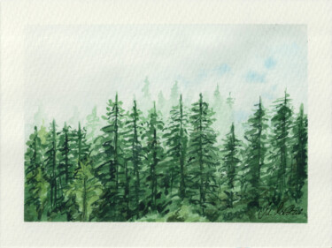 Painting titled "Forest in the morni…" by Maciej Kłosowski, Original Artwork, Watercolor