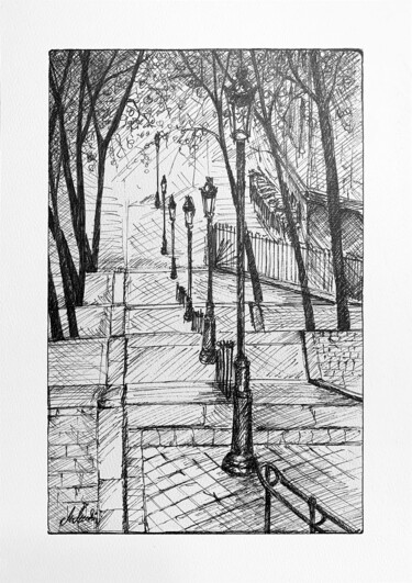 "Paris Montmartre" başlıklı Tablo Maciej Kłosowski tarafından, Orijinal sanat, Mürekkep