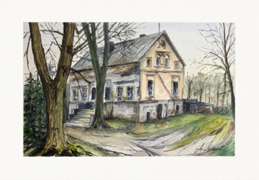 Malerei mit dem Titel "Manor house in Dąbr…" von Maciej Kłosowski, Original-Kunstwerk, Aquarell