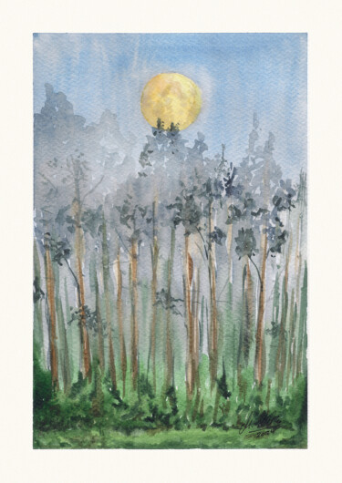 Pittura intitolato "Forest at night" da Maciej Kłosowski, Opera d'arte originale, Acquarello