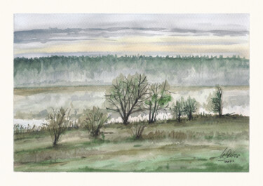 Painting titled "Foggy morning" by Maciej Kłosowski, Original Artwork, Watercolor