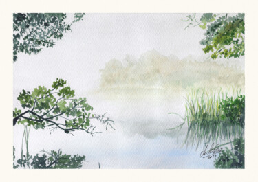 Painting titled "Foggy lake" by Maciej Kłosowski, Original Artwork, Watercolor