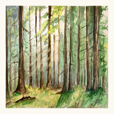 Malerei mit dem Titel "Sunny forest" von Maciej Kłosowski, Original-Kunstwerk, Aquarell