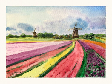 Painting titled "Tulip field" by Maciej Kłosowski, Original Artwork, Watercolor