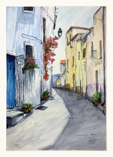 Painting titled "A street in the sou…" by Maciej Kłosowski, Original Artwork, Watercolor