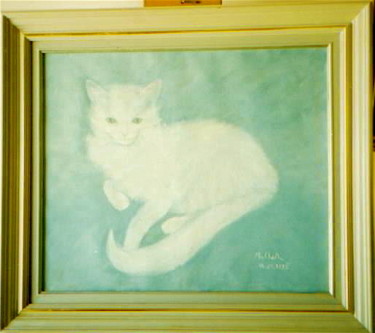 Painting titled "douceur-feline-turq…" by Maclade, Original Artwork, Oil