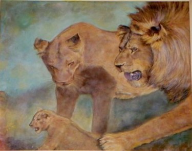 Painting titled "famille de lions" by Maclade, Original Artwork, Oil
