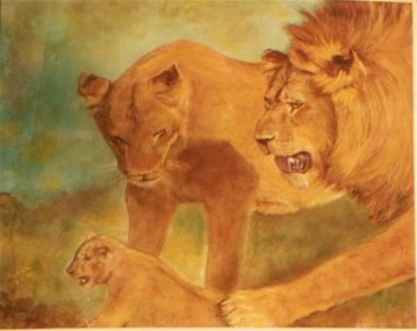 Painting titled "Lions en famille (v…" by Maclade, Original Artwork, Oil