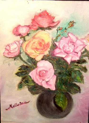 Painting titled "7 roses dans pot d'…" by Maclade, Original Artwork, Oil