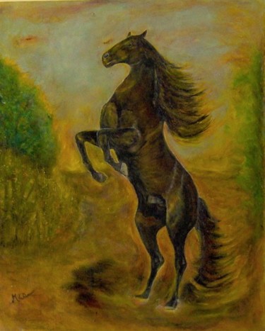 Painting titled "L'étalon dressé dan…" by Maclade, Original Artwork, Oil