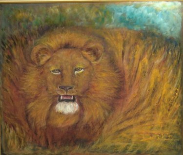 Peinture intitulée "Lion tapi dans la s…" par Maclade, Œuvre d'art originale, Huile