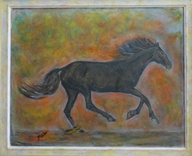 Painting titled "cheval-de-feu au ga…" by Maclade, Original Artwork, Oil