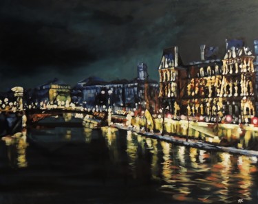 Painting titled "La Seine la nuit" by Mac, Original Artwork, Oil