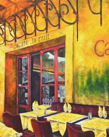 Painting titled "Cafe la nuit" by Mac, Original Artwork, Oil