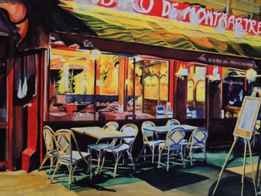 Peinture intitulée "Bistro de Montmartre" par Mac, Œuvre d'art originale, Aquarelle