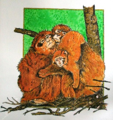 Peinture intitulée "Famille de macaques" par Macrib, Œuvre d'art originale, Huile