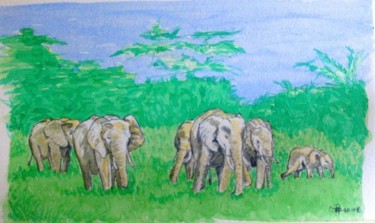 Peinture intitulée "Eléphants" par Macrib, Œuvre d'art originale, Huile