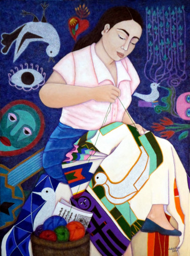 Ζωγραφική με τίτλο "Embroidering life" από Madalena Lobao-Tello, Αυθεντικά έργα τέχνης