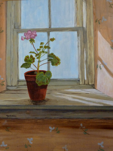 Painting titled "Window with Pink Ge…" by Maddalena Pacini, Original Artwork, Acrylic