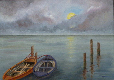 Painting titled "Rowing Boats on Lag…" by Maddalena Pacini, Original Artwork, Oil