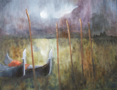 Malarstwo zatytułowany „Gondolas in the Moo…” autorstwa Maddalena Pacini, Oryginalna praca, Olej