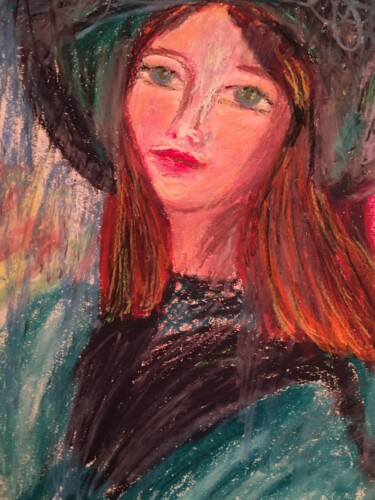 Painting titled "Fille au chapeau" by Madeleine Gendron, Original Artwork, Pastel