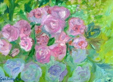Painting titled "Roses roses et bleu…" by Madeleine Gendron, Original Artwork, Oil