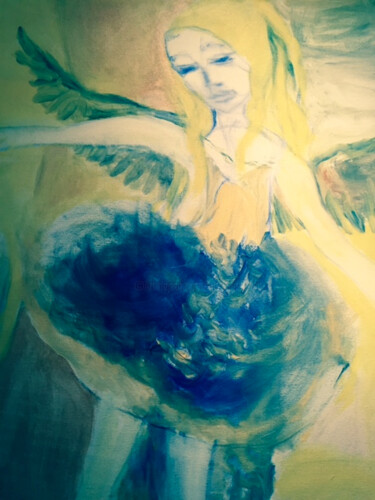 Painting titled "ange bleu ou l’écol…" by Madeleine Gendron, Original Artwork, Oil Mounted on Wood Stretcher frame