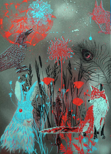 Druckgrafik mit dem Titel "Waldtiere" von Madeleine Gorges, Original-Kunstwerk, Siebdruck