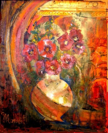 Painting titled "bouquet-rouge-et-or…" by Madeleine Monnet, Original Artwork
