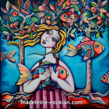 Painting titled "femme-aux-poissons-…" by Madeleine Ossikian, Original Artwork, Acrylic