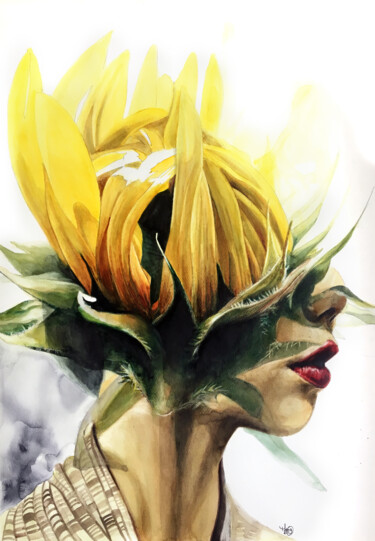 Peinture intitulée "Femmetournesol" par Madeline Berger (MadB), Œuvre d'art originale, Aquarelle