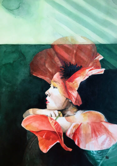 Malerei mit dem Titel "Femme coquelicot" von Madeline Berger (MadB), Original-Kunstwerk, Aquarell