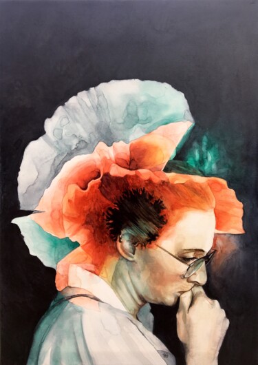 Peinture intitulée "Femme coquelicot 2" par Madeline Berger (MadB), Œuvre d'art originale, Aquarelle